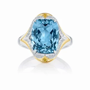 Calleija Rings*Alika Platinum and 18ct Yellow Gold 7.21ct Cushion Cut Aquamarine, Yellow and White Diamond Ring