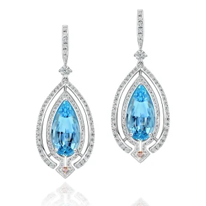 Calleija Earrings*Amrin 18ct White & Rose Gold Aquamarine & White Diamond Drop Earrings With Australian Argyle Pink Diamonds™