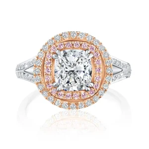Calleija Rings*Angelique Cushion cut diamond Ring with Argyle Pink Diamonds™ and white diamonds in 18ct Rose Gold and Platinum.