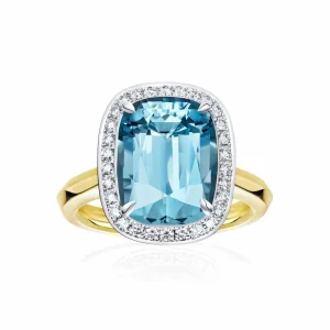 Calleija Rings*Aviva 18ct Yellow & White Gold Cushion Aquamarine Halo Ring