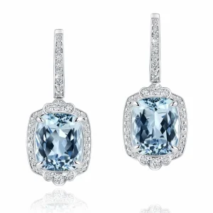 Calleija Earrings*18ct White Gold Cushion Cut Aquamarine & Diamond Set Earrings