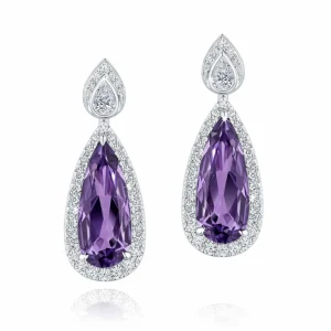 Calleija Earrings*18CT WHITE GOLD PEAR-SHAPED AMETHYST AND DIAMOND DROP DETACHABLE EARRINGS