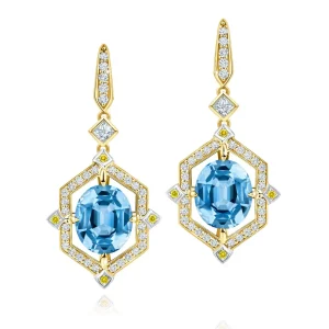 Calleija Earrings*18CT YELLOW AND WHITE GOLD OVAL AQUAMARINE, YELLOW AND WHITE DIAMOND DROP EARRINGS