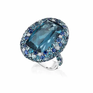 Calleija Rings*Marcelline 18ct White Gold Ring with Diamonds, Blue Sapphires and Topaz