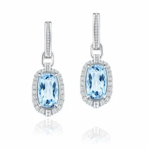 Calleija Earrings*VIOREL 18CT WHITE GOLD CUSHION CUT BLUE TOPAZ AND DIAMOND SET DETACHABLE EARRINGS